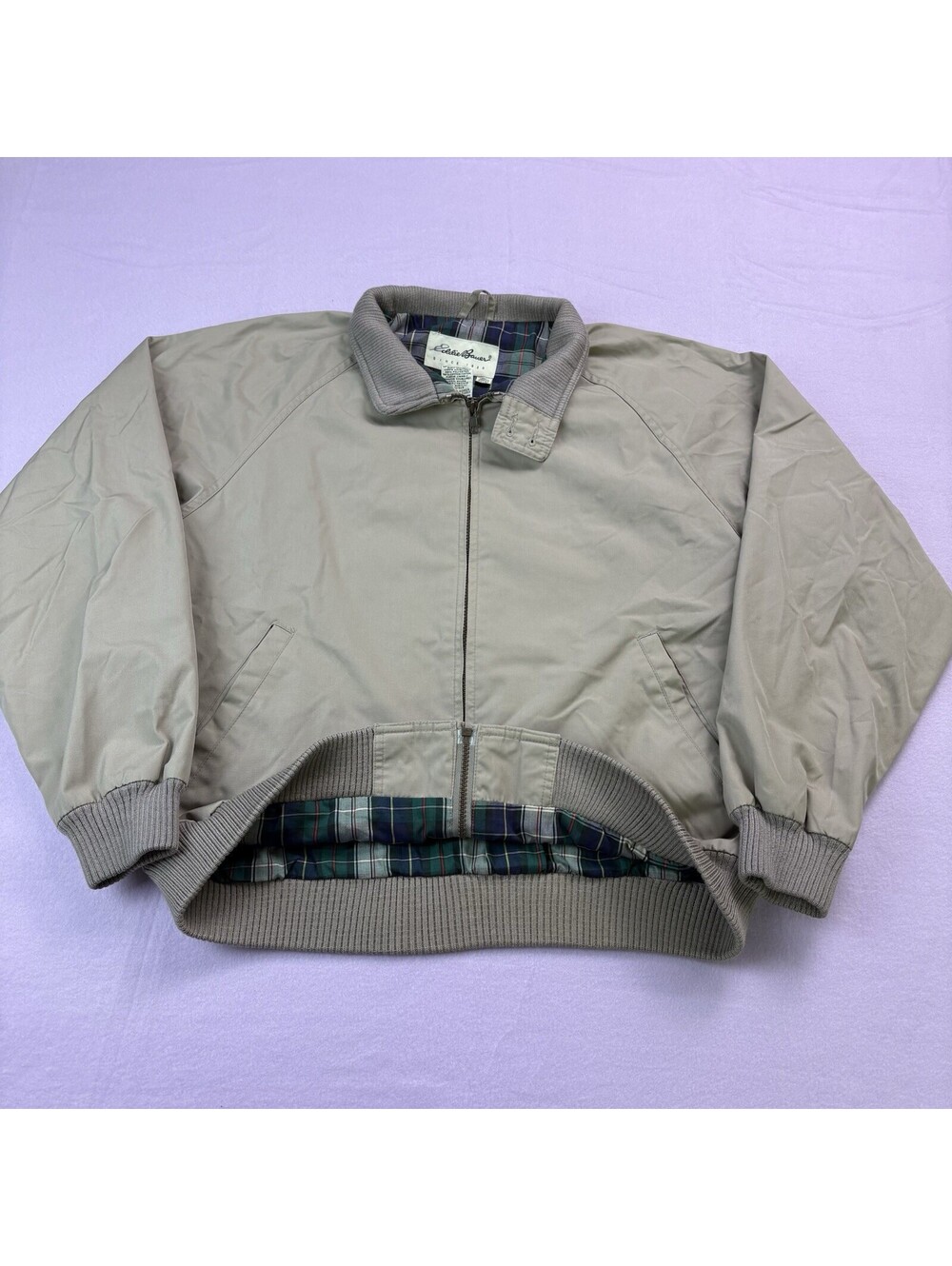 Vintage 90s Eddie Bauer Plaid Lined Harrington Bomber Jacket Size Medium Beige